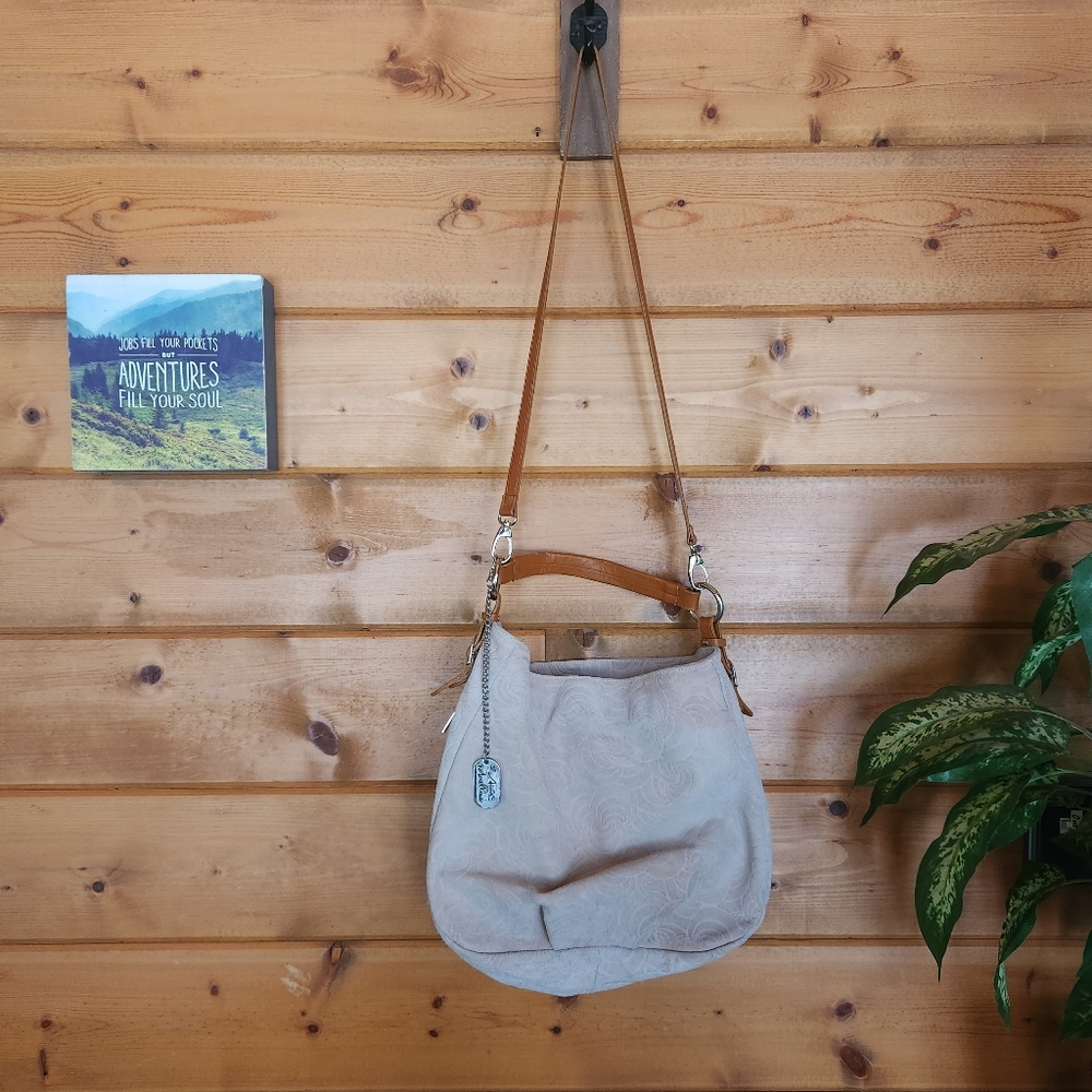 Anna Morellini 💜 Suede Leather Emboss Swirl Hobo Shoulder Bag Purse Boho Beige